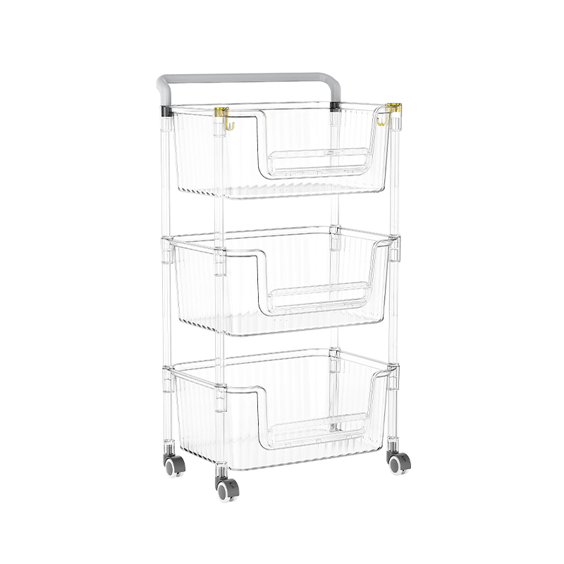 Naaayos na malinaw na 3 tier storage cart organizer na may mga gulong